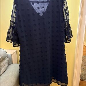 Chic Navy Sheer Polka Dot Dress
